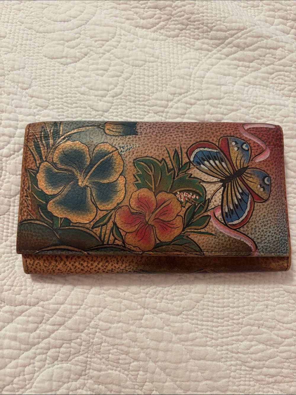 Anuschka Hawaiian Hibiscus and butterfly Leather Tri-Fold Wallet in Multicolor